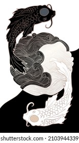illustration with stylized fishes, abstract yin and yang idea, black, gold and white