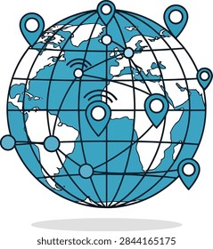 Illustration of a stylized globe with interconnected location markers and signal waves.
