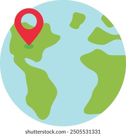 Illustration of a stylized globe with a red location pin on it. Geography and localization GPS. Find a place.