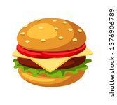 Illustration of stylized hamburger or cheeseburger. Fast food meal. Isolated on white background.