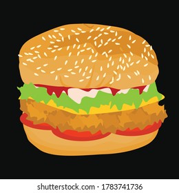 Illustration of stylized hamburger or cheeseburger. Fast food meal. Isolated on black background.