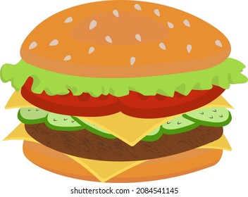 Illustration of a stylized hamburger or cheeseburger. Fast food food. Isolated on a white background.Cartoon delicious big hamburger with cheese and sesame seeds, isolated on a white background.