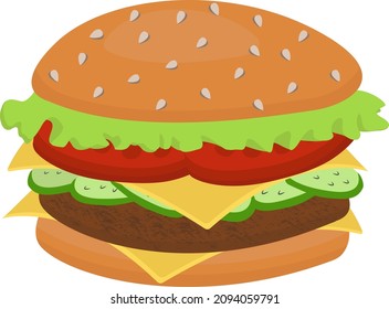 Illustration of a stylized hamburger or cheeseburger. Fast food food. Isolated on a white background.Cartoon delicious big hamburger with cheese and sesame seeds, isolated on a white background.