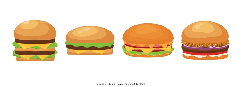Illustration of stylized hamburger or cheeseburger set vector icon. Fast food meal. Isolated on white background