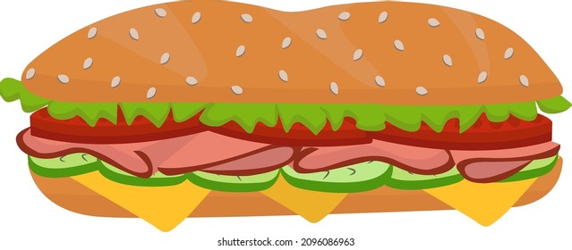 Illustration of a stylized hamburger or sandwich. Fast food. Isolated on a white background.Cartoon delicious big hamburger with cheese and sesame seeds, bacon, tomatoes isolated on a white background