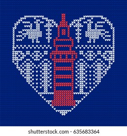 Illustration with stylized heart and lighthouse, beacon in rural style. Vector cartoon for embroidery, knitting. Love card