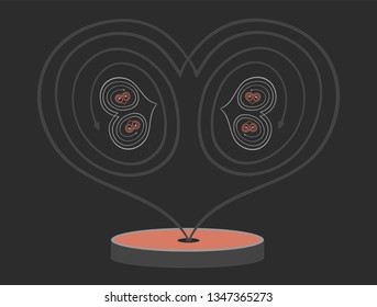 Illustration of stylized hearts inside a biger stylized heart, made by combining line art and 3d elements