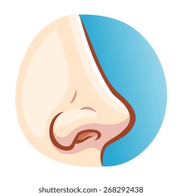 The illustration of stylized human nose on blue round background.