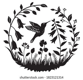 Illustration of stylized hummingbird drinking nectar from the flower. Exotic silhouette bird flying in the field grass. Decorative plants in a circle. Line art. Tattoo.