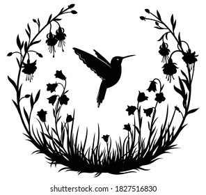 Illustration of stylized hummingbird drinking nectar from the flower. Exotic silhouette bird flying in the field grass. Decorative plants in a circle. Line art. Tattoo.
