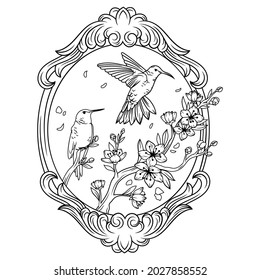 Illustration of stylized hummingbird drinking nectar from the flower. Exotic silhouette bird flying in mirror frame. Asian flower branch in a circle. Line art. Tattoo.