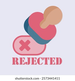 Illustration of a stylized icon of a pacifier with a rejected mark and text overlay