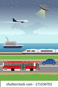 Illustration With Stylized Images Of Land, Water And Air Transport