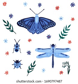 Illustration of stylized insects. Butterfly, dragonfly, ladybug, beetle. Flowers, leaves. Summer illustration