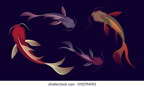 Ilustración con peces estilizados koi en un fondo oscuro