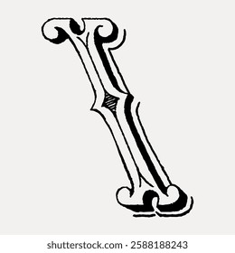Illustration of a stylized letter 'I' with bold lines and decorative curves, showcasing artistic typography and vintage design elements. Vintage font illustration, isolated vector.