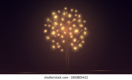 Illustration with a stylized magic tree with golden glowing leaves on a dark background