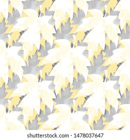 Illustration of stylized maple leaves in grey, black, white and yellow texture. Seamless pattern, vector background for gifts, posters, flyers, wallpaper, textile, fabric and scrapbooking