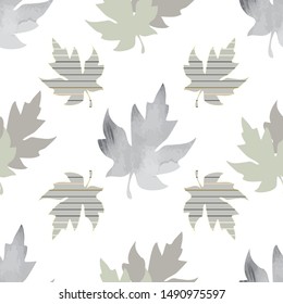 Illustration of stylized maple leaves with sage, mint, yellow, grey colors and stripes. Seamless pattern, vector background for gifts, posters, flyers, wallpaper, textile, fabric and scrapbooking.