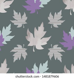 Illustration of stylized maple leaves in shades of aqua, purple, grey and tan. Seamless pattern, vector background for gifts, posters, flyers, wallpaper, textile, fabric and scrapbooking..