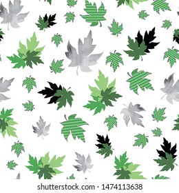 Illustration of stylized maple leaves with solid green, mint, black colours and stripes. Seamless pattern, vector background for gifts, posters, flyers, wallpaper, textile, fabric and scrapbooking.