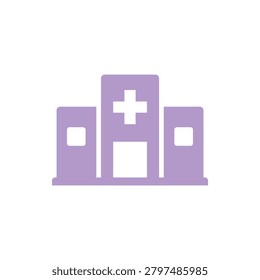 Illustration of a stylized medical facility featuring a purple cross symbol and window designs for healthcare branding