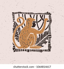 Illustration with a stylized monkey in the technique of linocut. Can be used as a stamp on clothing, postage stamp, postcard