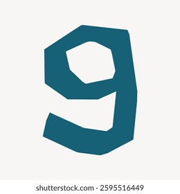 Illustration of a stylized number nine in dark teal on a light background. The number nine has a geometric, angular design. Simple and bold number nine art. Vector illustration.