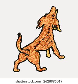 Illustration of a stylized orange dog standing on hind legs. The dog has a textured, speckled pattern. The orange dog is outlined in black, creating a bold look. Animal illustration vector.