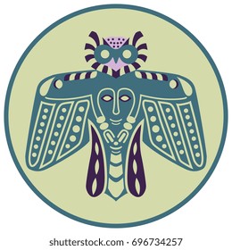 Illustration of a stylized owl in old Permian animal style. Colorful image in a round frame.