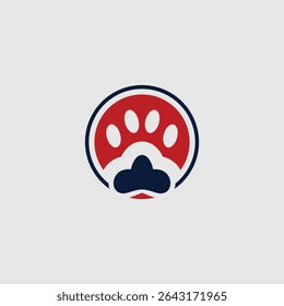 An illustration of a stylized pet paw print logo design. Circular paw print in red, white and navy colors on a neutral background. Suitable for veterinary clinics, pet care or shelter services.