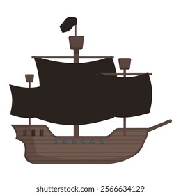 Illustration of a stylized pirate ship with black sails, perfect for children's books and designs