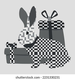 illustration with the stylized rabbit and gifts in a decorative style. Modern design. Textures. Monochrome color. For postcards, invitation cards.