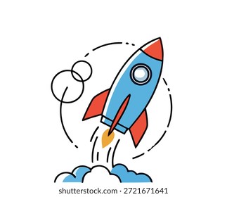 Illustration of a stylized rocket ship launching into space, leaving a trail of smoke and surrounded by orbit lines, representing innovation and exploration