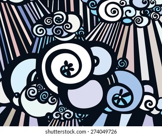 The Illustration with Stylized Sky, Clouds and Sunlight.