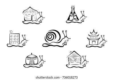 Illustration of a stylized snail in seven variations. A snail house in the form of ethnic structures of different nationalities