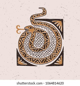 Illustration with a stylized snake in the technique of linocut. Can be used as a stamp on clothing, postage stamp, postcard