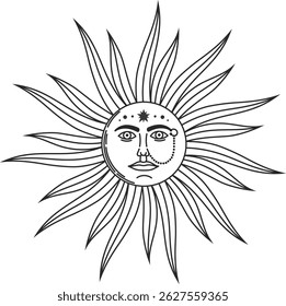 Illustration of a stylized sun with a face, jewelry, and stars, shining brightly with long, flowing rays, creating a mystical and celestial atmosphere
