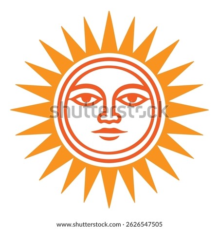 Illustration of a stylized sun with rays shining brightly featuring a face, symbolizing warmth, energy, and positivity in a simplistic design suitable for various uses