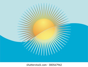Illustration. Stylized sun sets into the sea