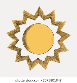 Illustration of a stylized sun with a yellow center and jagged rays. Sun design features bold lines and a bright yellow sun motif. Sun art with a sunny theme. Vintage illustration isolated, vector.