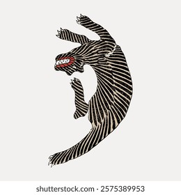 Illustration of a stylized tiger with black stripes and a red mouth. The tiger is depicted in a dynamic pose, showcasing its stripes and fierce expression. Vintage animal illustration isolated, vector