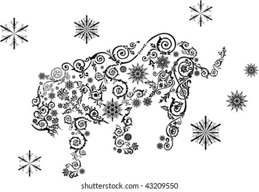 Illustration mit stilisiertem Tiger, bestehend aus Schneeflocken und Gürteln