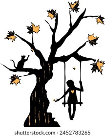 Illustration of a stylized tree and a girl on a swing. Vector illustration silhouette of a magic tree with butterflies and leaves like maple. Gold glitter on accented subjects. A cat in a tree catches