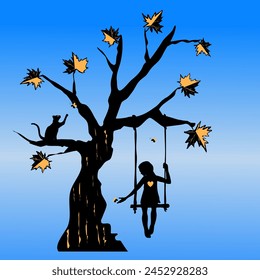 Illustration of a stylized tree and a girl on a swing. Vector illustration silhouette of a magic tree with butterflies and leaves like maple. Gold glitter on accented subjects. A cat in a tree catches