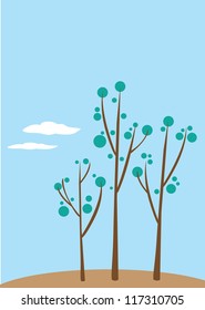 Illustration of stylized trees with circle leaves at the top of the mountain.