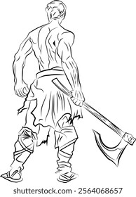 illustration of stylized viking warrior from behind.