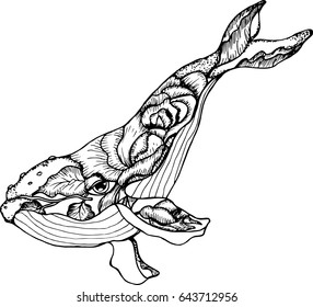 Illustration of a stylized whale with a flower tattoo