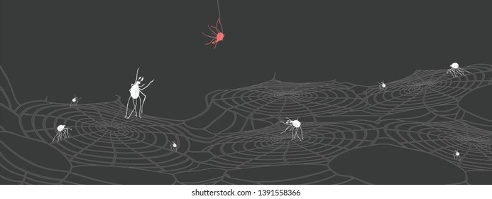 Illustration of stylized white spiders on five connected cobwebs and one red spider pending above them