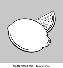 Illustration of Stylized Whole and Slice Lemon. Monochrome Icon for Food Apps and Stickers Isolated on a Gray
